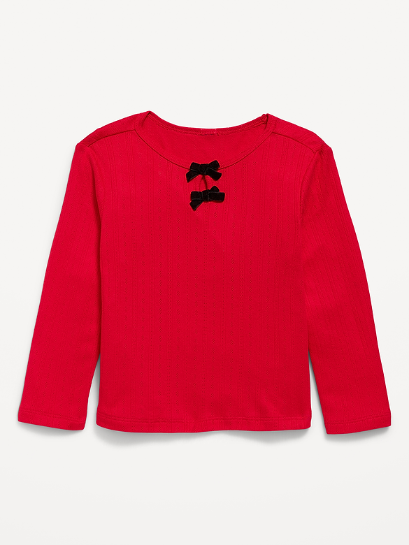Long-Sleeve Bow-Front Pointelle-Knit Top for Toddler Girls