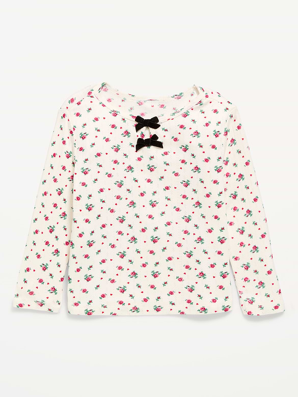 Long-Sleeve Bow-Front Pointelle-Knit Top for Toddler Girls