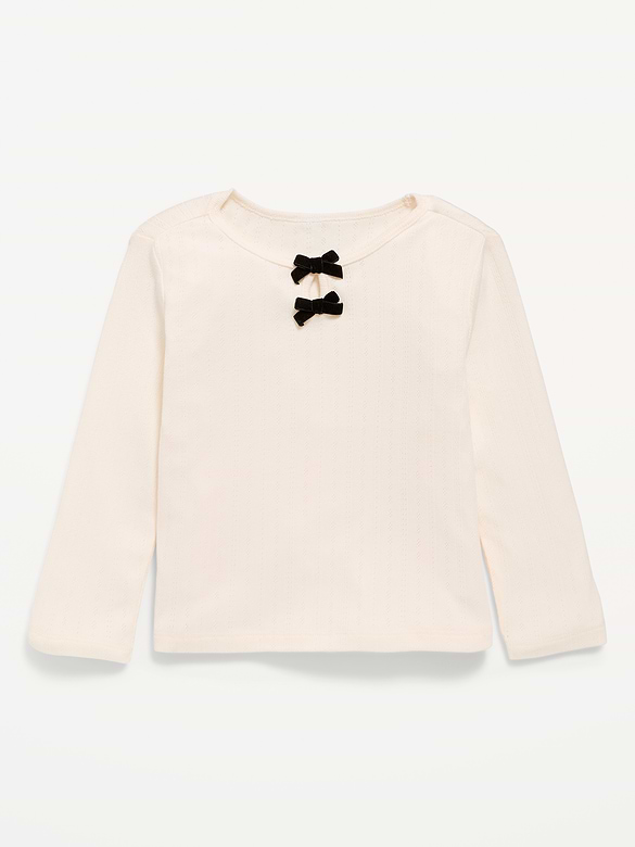 Long-Sleeve Bow-Front Pointelle-Knit Top for Toddler Girls