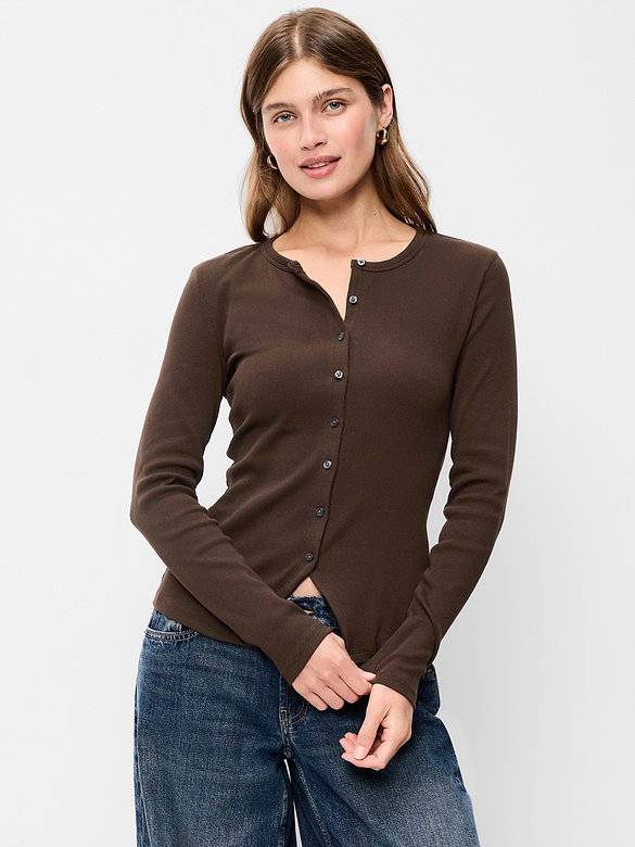 Snug Long-Sleeve Button-Front Ribbed Top