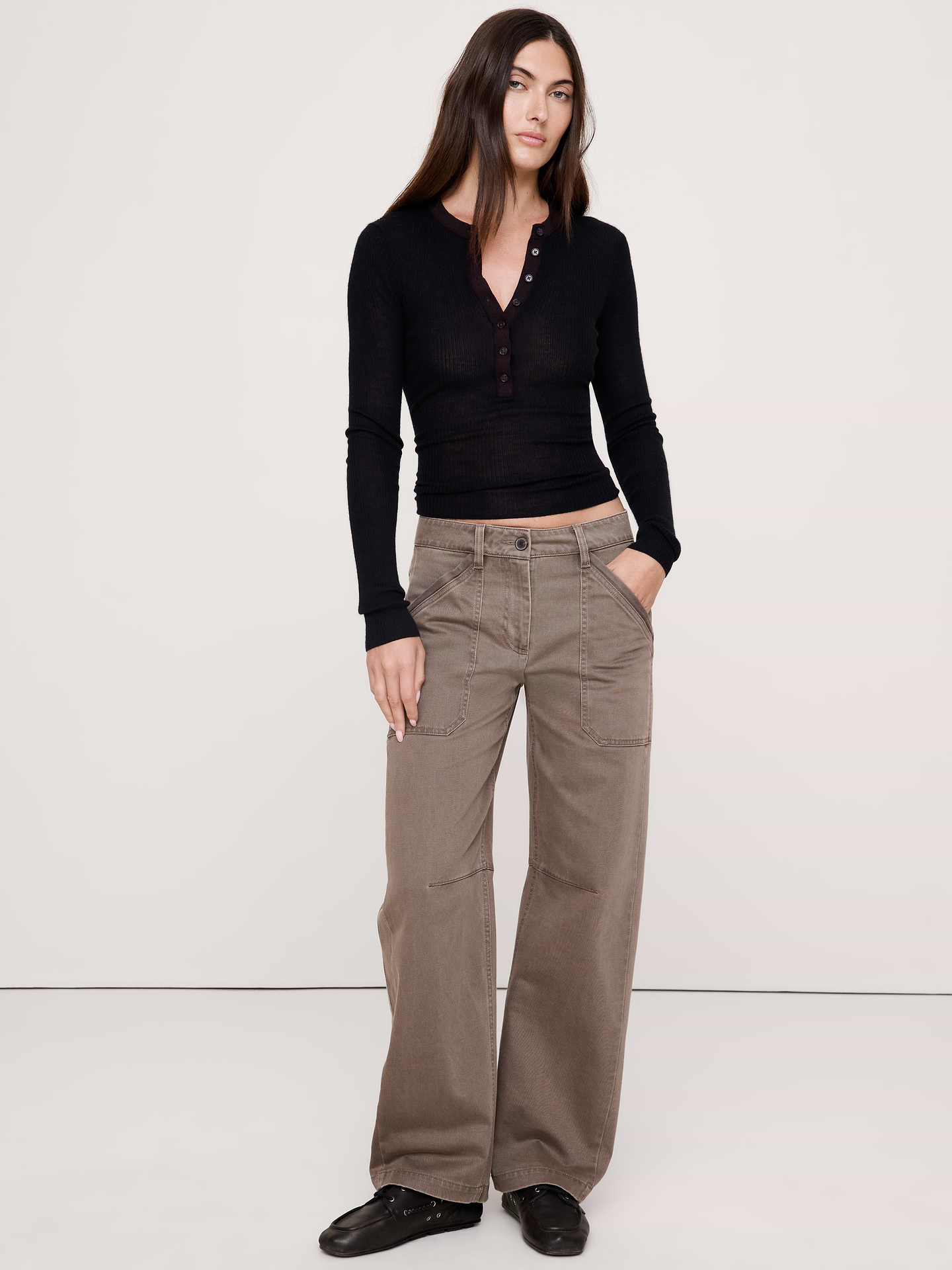Image 1 of 8, Nothing like a classic. We made this relaxed utility pant from a beautiful cotton sateen fabric with a sophisticated shine and extra softness. Plus, we added a garment wash for subtle highs and lows (and already lived-in color)., Relaxed fit: Low-rise. Relaxed through hip and thigh., Zip fly with button closure. Belt loops., Front and back pockets., Unlined., Product #1180277