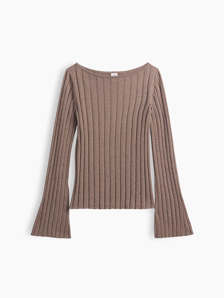 Image 5 of 5, Ribbed Bell Sleeve Boatneck Sweater