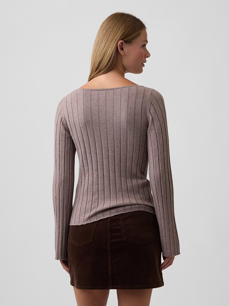 Image 2 of 5, Ribbed Bell Sleeve Boatneck Sweater