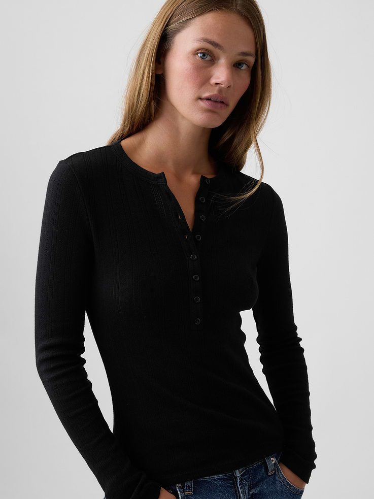 Image 4 of 5, Pointelle Henley T-Shirt