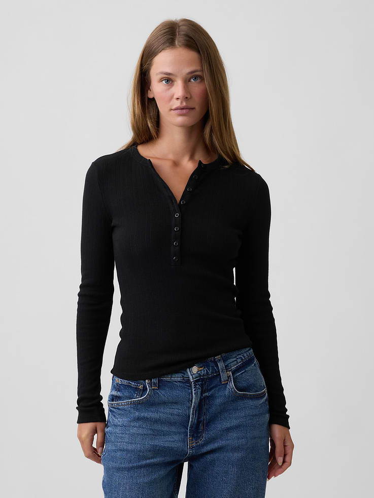 Image 1 of 5, Ribbed pointelle knit., Long sleeves., Crewneck, henley half-button front., Product #1187000