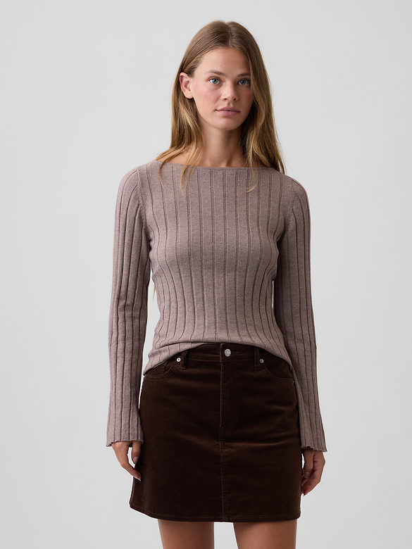 Ribbed Bell Sleeve Boatneck Sweater