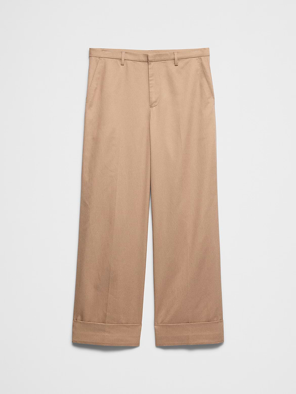 Wide-Leg Mid-Rise Drapey Twill Cuffed Pant