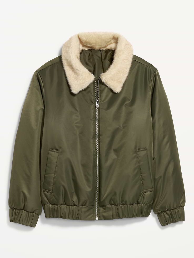 Image 7 of 7, Faux-Fur Collar Utility Bomber Jacket