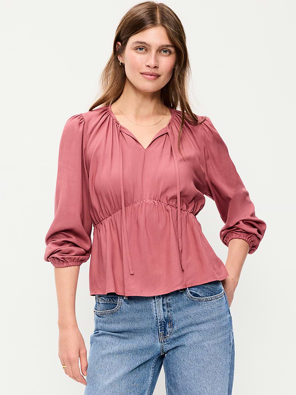 Long-Sleeve Ruched Tie-Neck Top