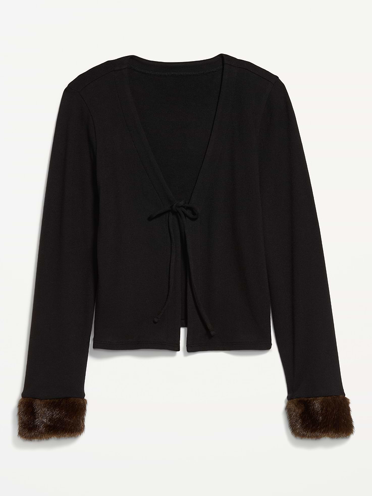 Image 4 of 9, Long-Sleeve Faux-Fur Cuff Tie-Front Top