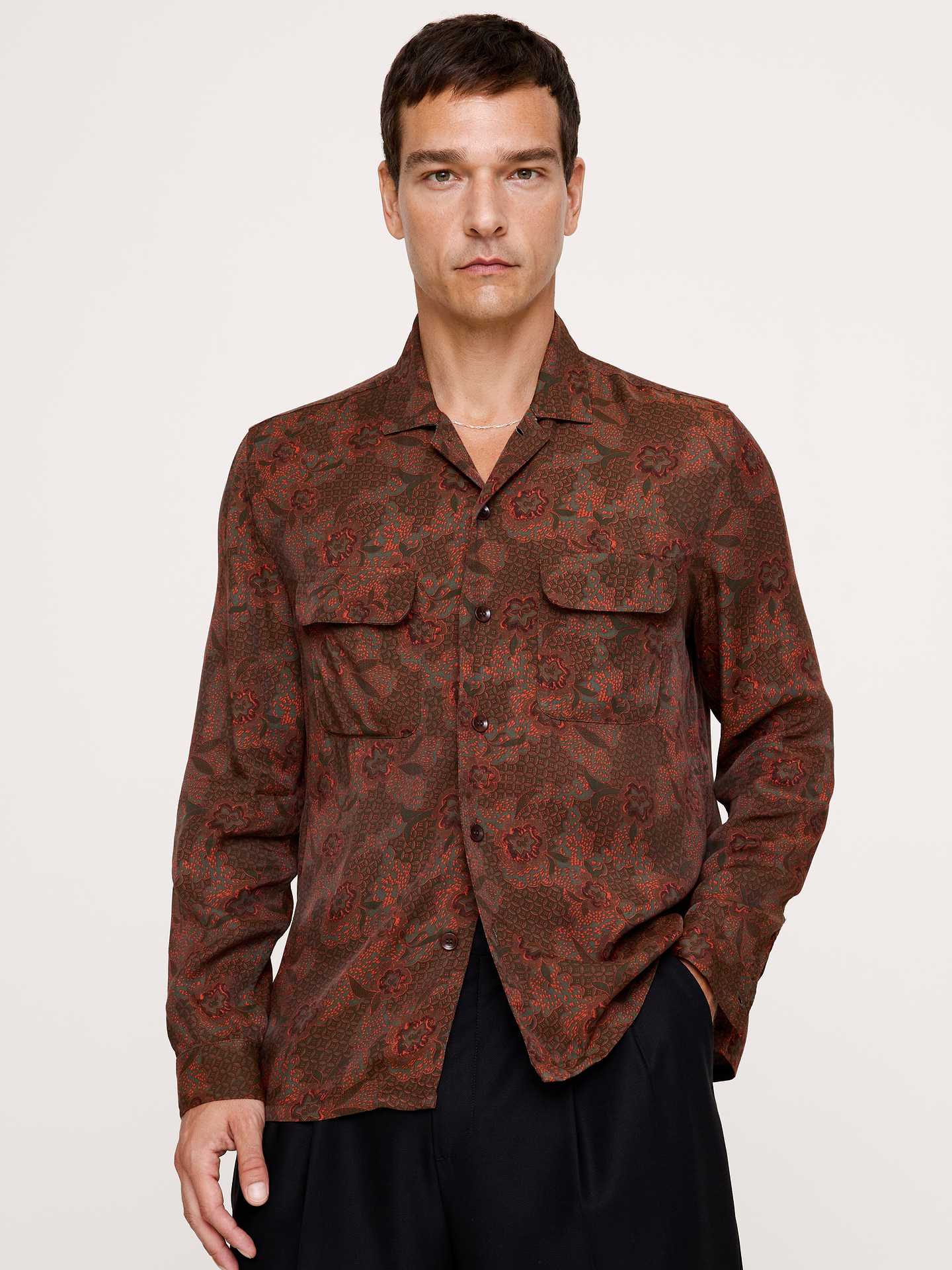Image 1 of 5, We made our resort shirt softer than ever. Here, we used lightweight viscose that's been garment washed for smoothness and already-lived in color., Standard fit: A straight and easy fit., Resort collar with button closure., Chest pockets., Straight hem., Product #906456