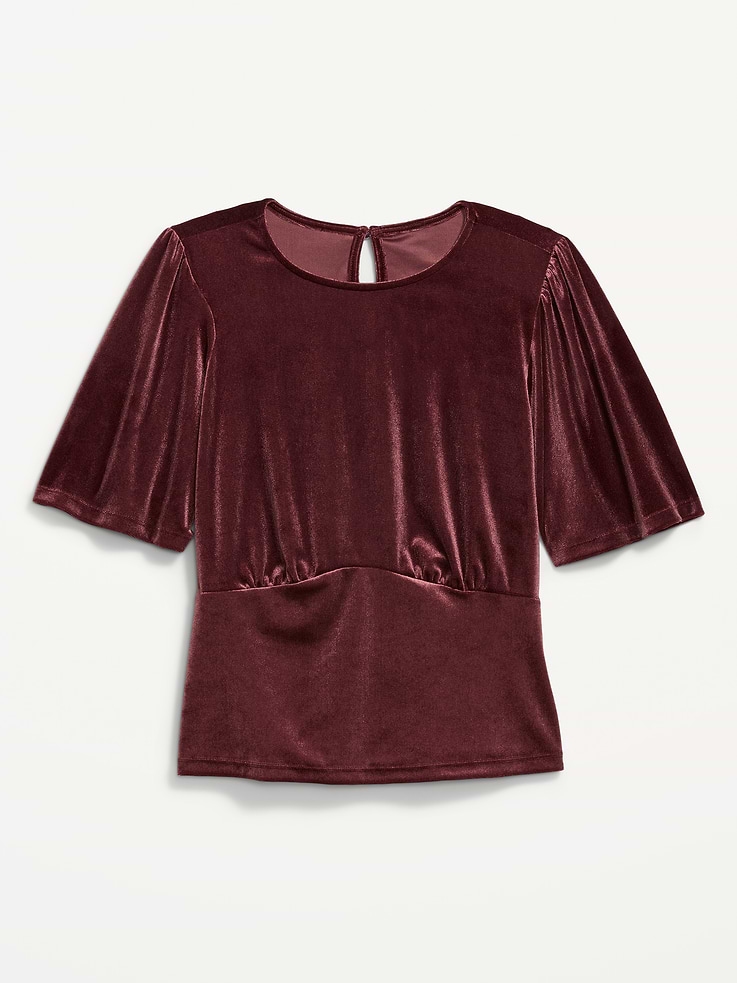Image 4 of 8, Velvet Flutter-Sleeve Empire-Waist Top