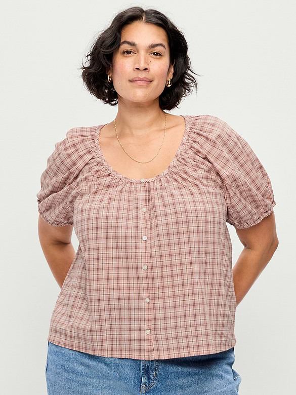 Short-Sleeve Button-Front Plaid Top