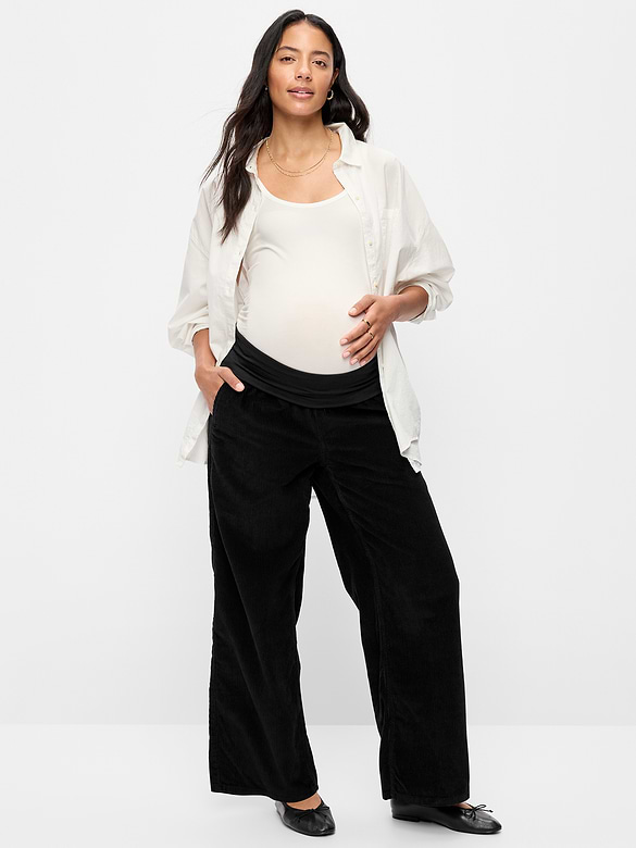 Maternity Corduroy Rollover-Waist Wide-Leg Pants