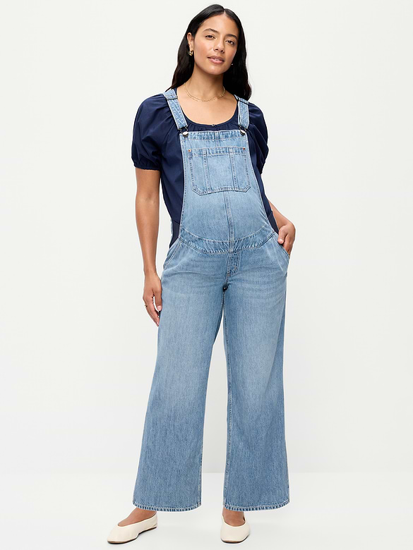 Maternity Side-Panel Wide-Leg Jean Overalls