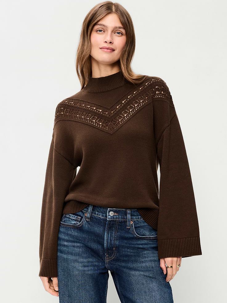 Image 1 of 5, mock neck, long bell sleeves, rib-knit hem and cuffs, pullover style, Product #903441