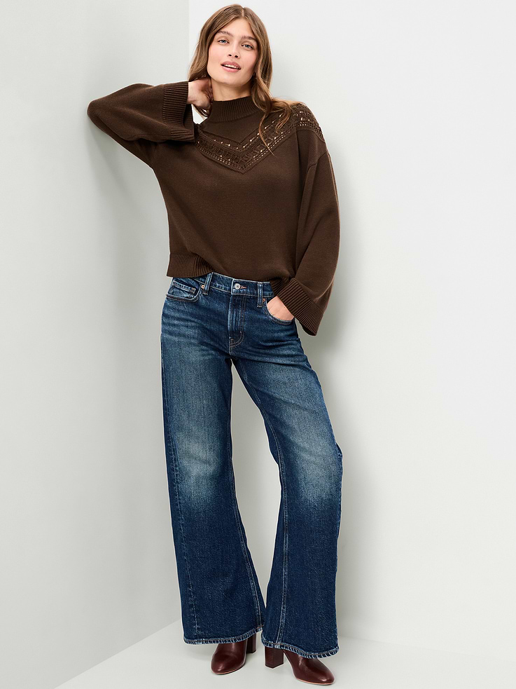 Image 3 of 5, Mock-Neck Lace Inset Sweater