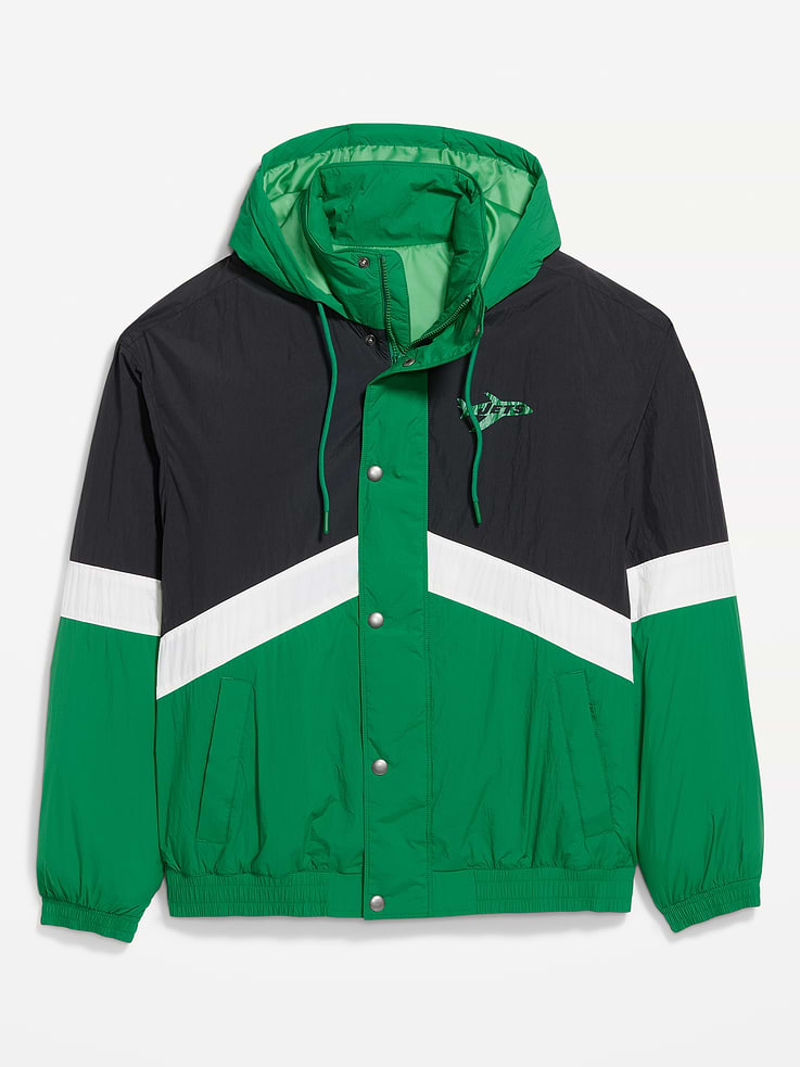 Image 1 of 2, built-in drawstring hood, long sleeves, full length zipper, graphic at front, welt pockets, Product #916263