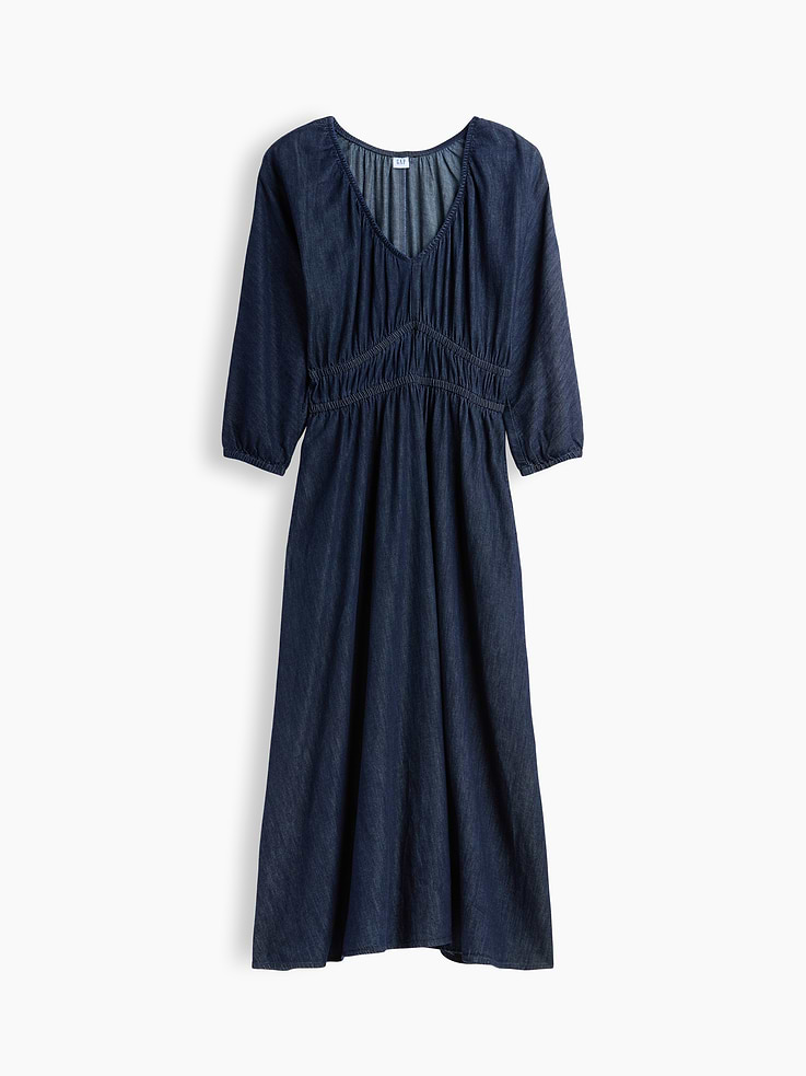 Image 6 of 6, Smocked Denim V-Neck Midi Dress
