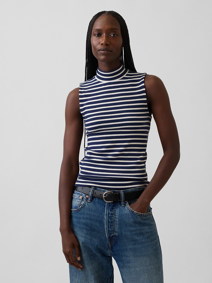 Image 1 of 5, Our soft & stretchy cotton-modal blend that hugs you just right. It’s your new 7-days-a-week essential., Soft, stretch modal-cotton blend tank top in a slightly cropped length., Mockneck., Sleeveless., Certain styles have allover stripes., Explore our GapTees Guide ., Product #915380