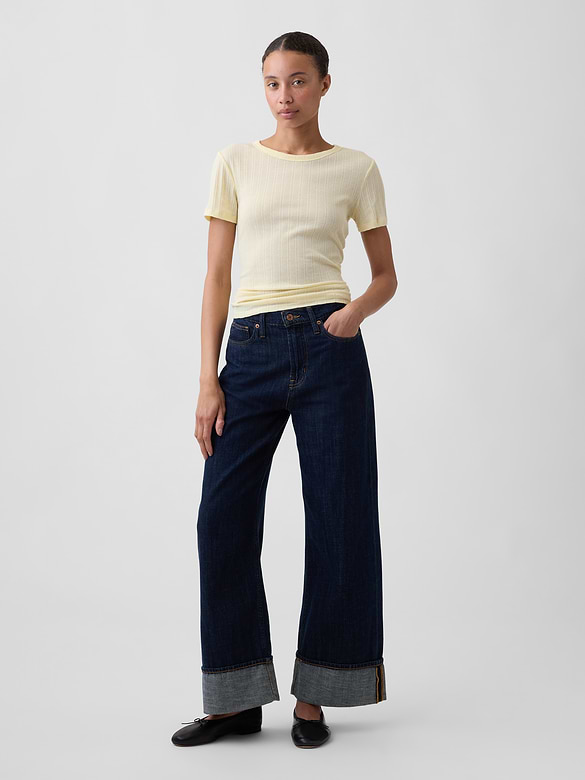 Ribbed Pointelle Crewneck T-Shirt