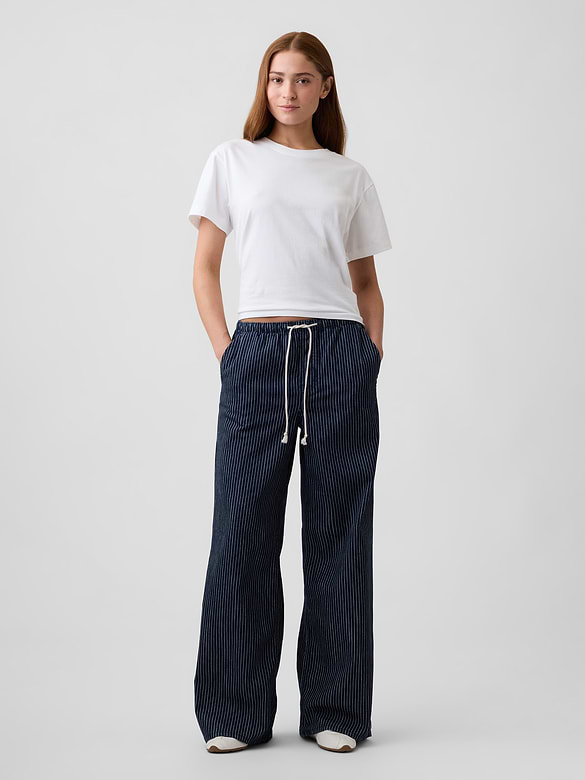 Mid Rise Railroad Stripe Pull-On Wide-Leg Jeans