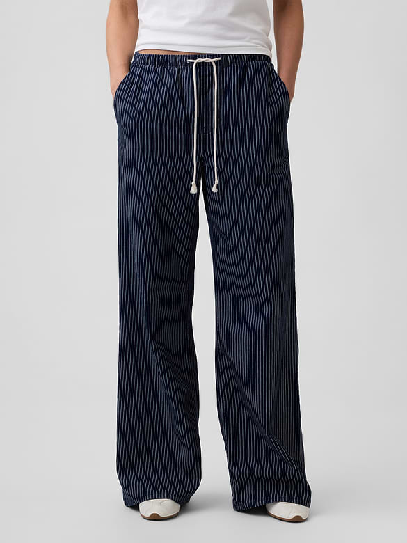Mid Rise Railroad Stripe Pull-On Wide-Leg Jeans