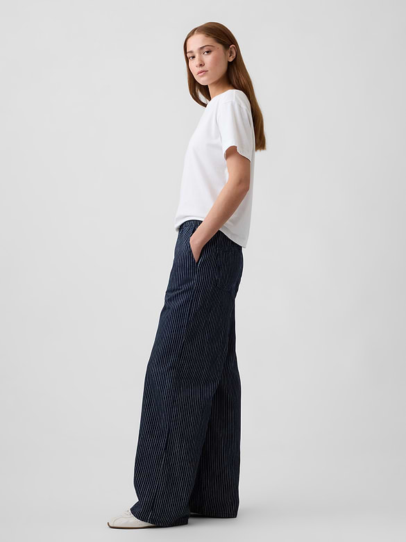 Mid Rise Railroad Stripe Pull-On Wide-Leg Jeans