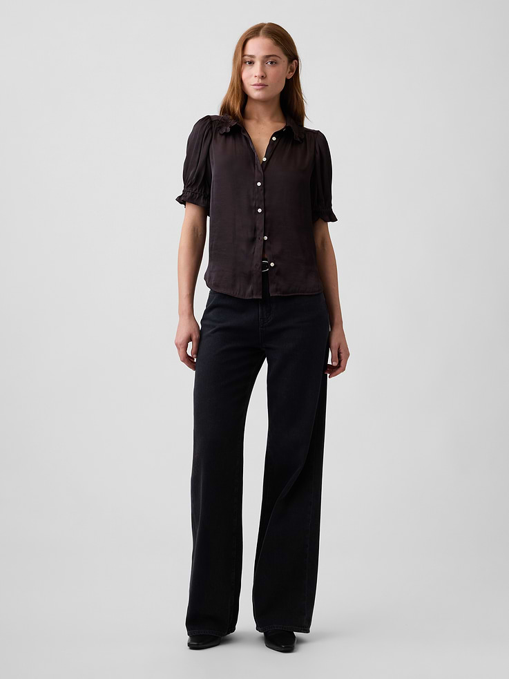 Image 3 of 5, 100% Recycled Puff Sleeve Ruffle Shirt