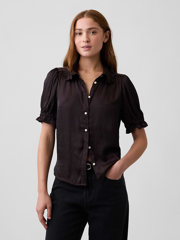 100% Recycled Puff Sleeve Ruffle Shirt