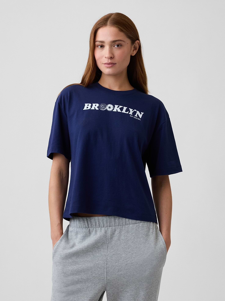 Image 1 of 5, Soft jersey knit., Dropped shoulder, short sleeves., Crewneck., Graphic at front., Product #1182533