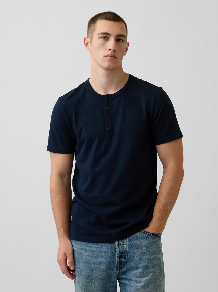 Image 1 of 5, Soft cotton jersey Henley T-shirt., Crewneck with front button placket., Short sleeves., Product #1186115