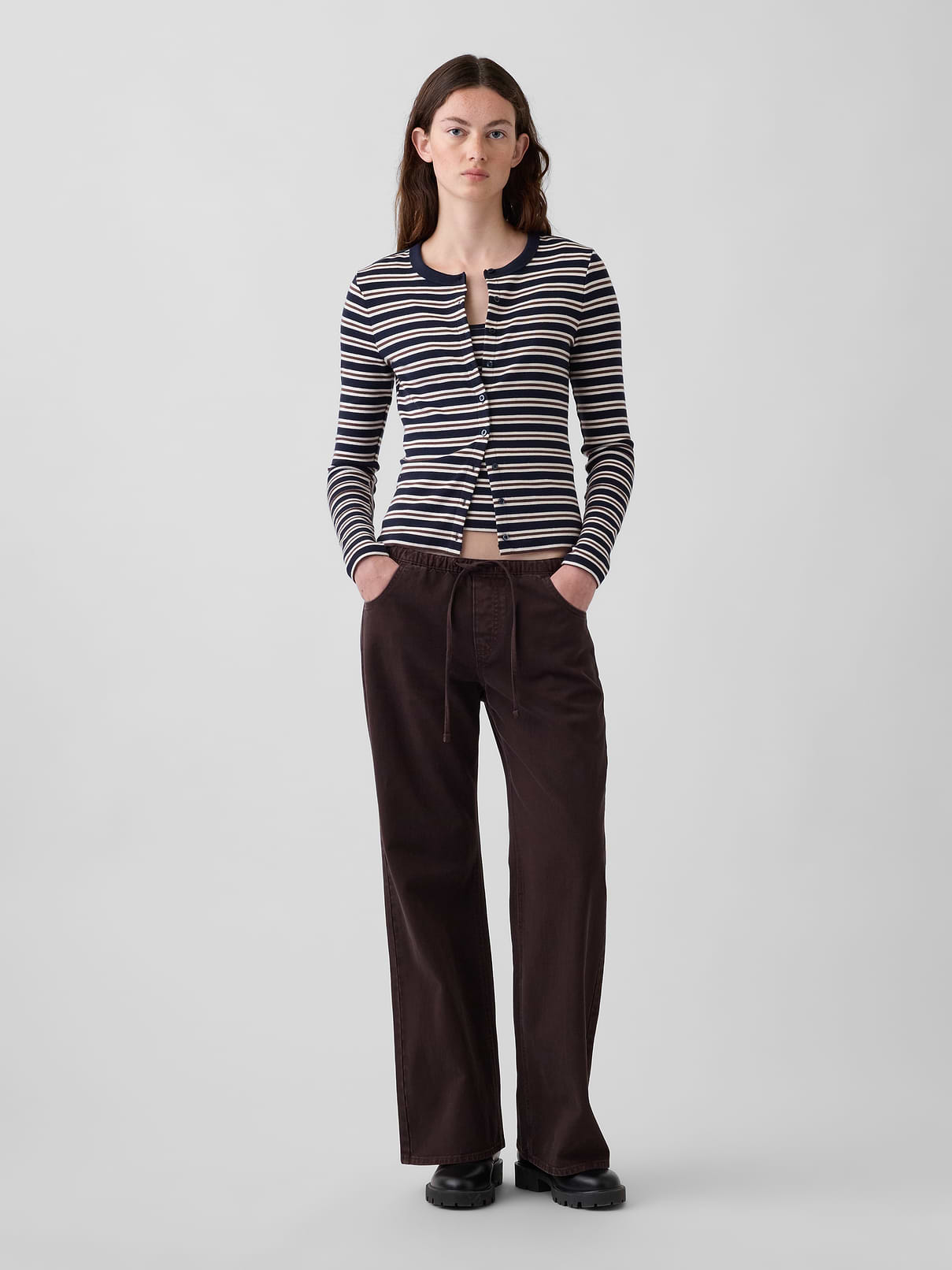 Image 1 of 6, Smooth cotton twill easy baggy flare pants. In a relaxed fit., Elasticized waist with drawcords and faux fly., Front scoop pockets, back patch pockets., Made with 100% Protocol cotton verified by the U.S. Cotton Trust Protocol, a program which works with farms committed to improving their environmental footprint by minimizing water usage and improving soil health (Claim No. 10127)., Product #1190463