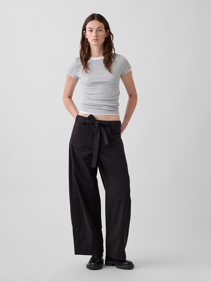 Image 1 of 6, Smooth stretch cotton twill khakis. In a barrel leg and ankle length., Button closure, zip fly., Removable tie belt at waist., Front scoop pockets, back patch pockets., Product #1199348