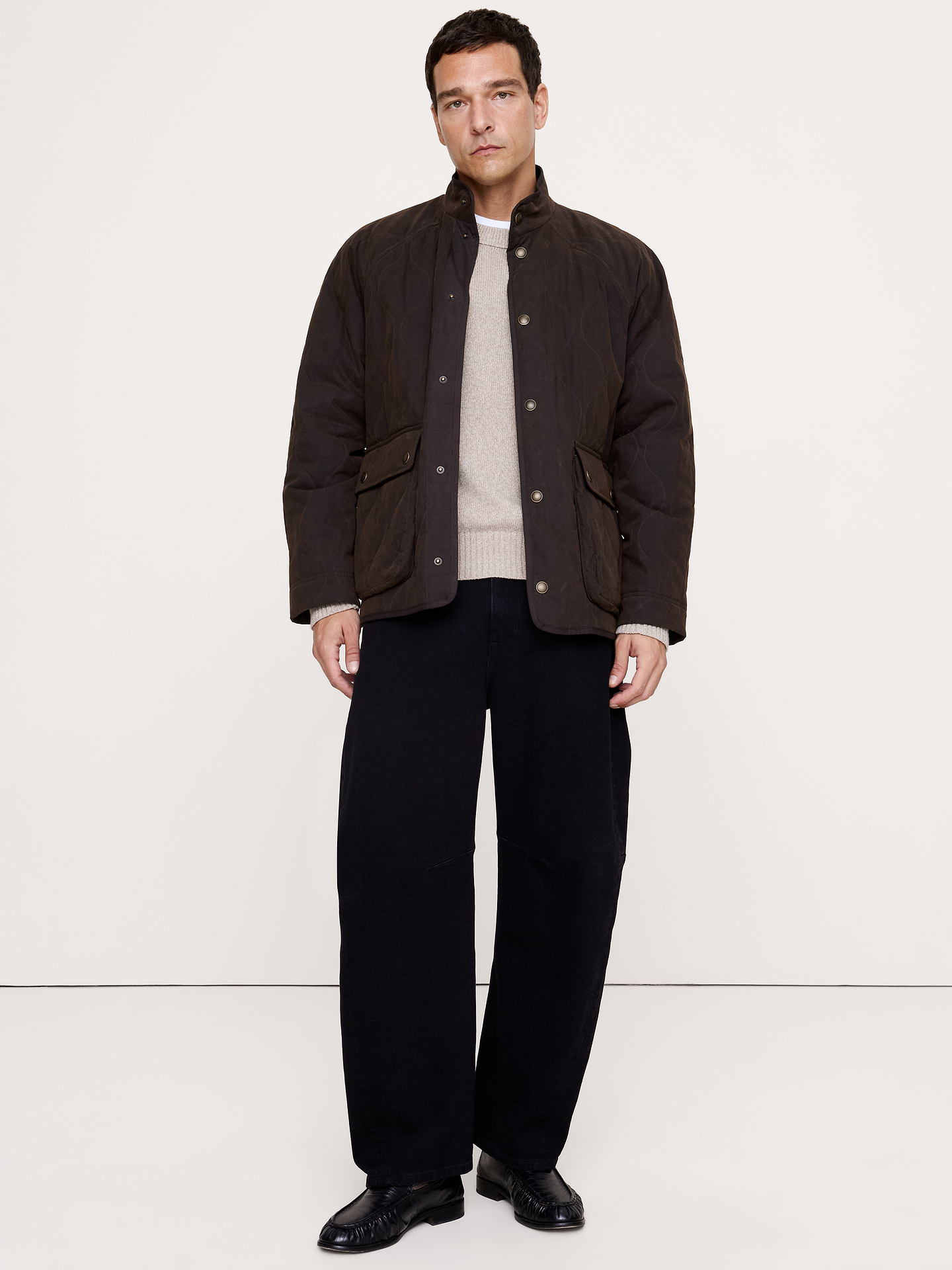 Image 1 of 7, For this easy jacket, we reached for a lightweight waxed cotton blend built to brave the elements, finished with classic waves of onion-shaped quilting. Lightweight but warm enough to carry you from season to season., Relaxed Fit: A straight & roomy fit with a dropped shoulder seam., Stand collar with snap closure., Front patch pockets., Lined., Product #906595