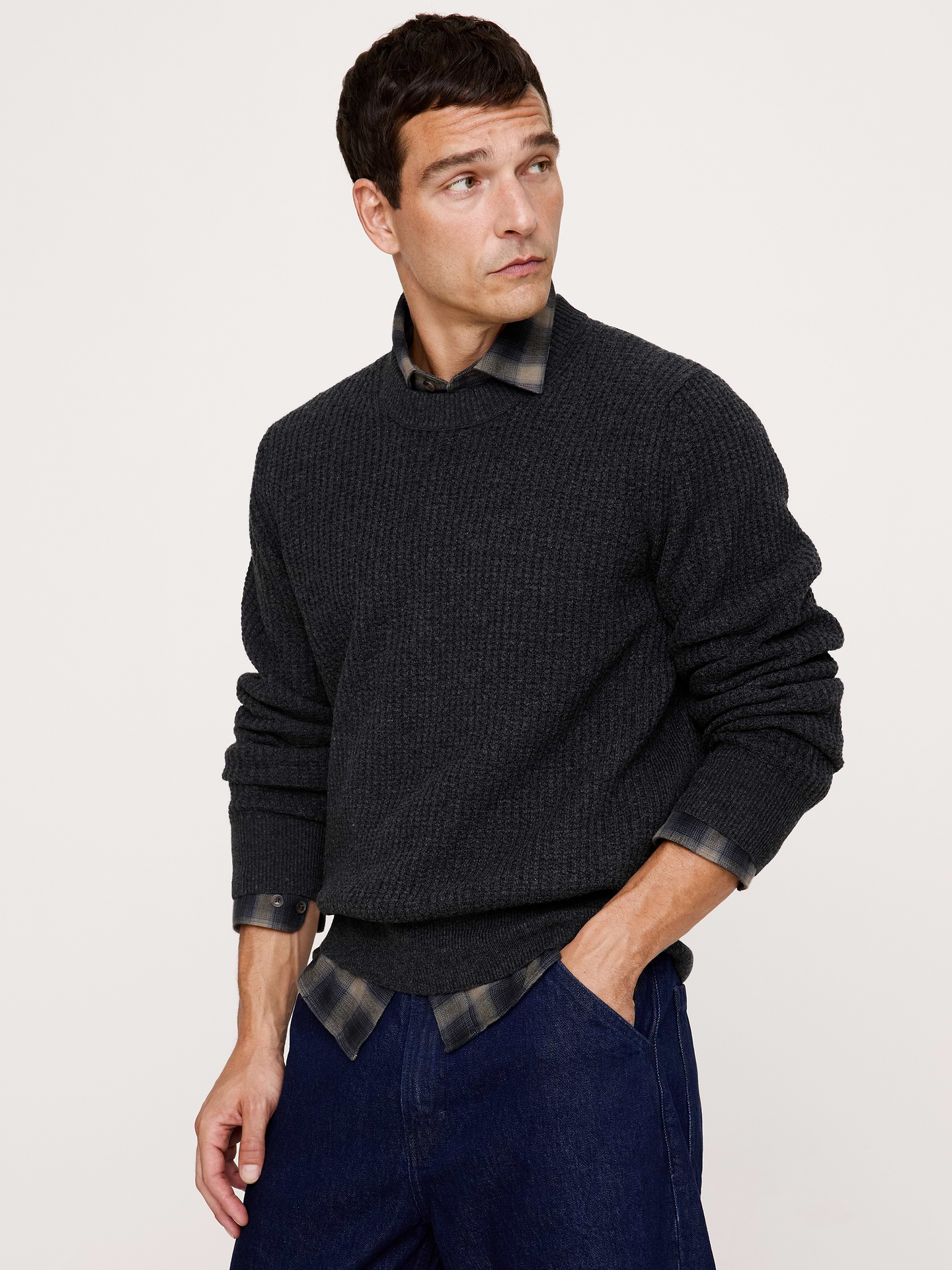 Image 1 of 3, A classic crew-neck sweater crafted from a luxe Merino wool blend with waffle-stitch detail., Standard Fit: A straight and easy fit., Fabric from Italy's Filpucci mill., Crew neck., Straight hem., Product #906738