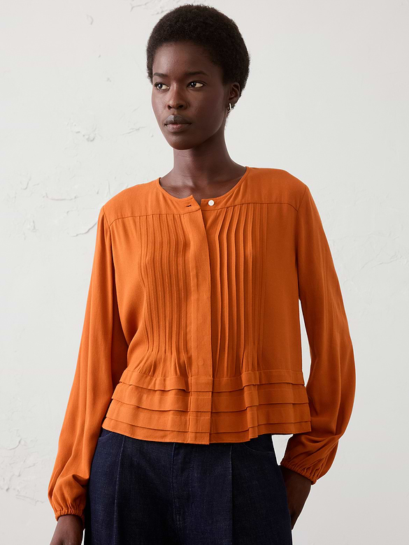 Pleated Button-Front Swing Top