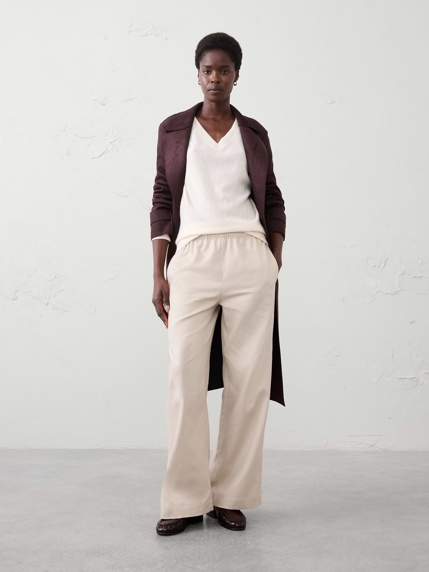 Image number 1 showing, Wide-Leg High-Rise Drapey Twill Pull-On Pant