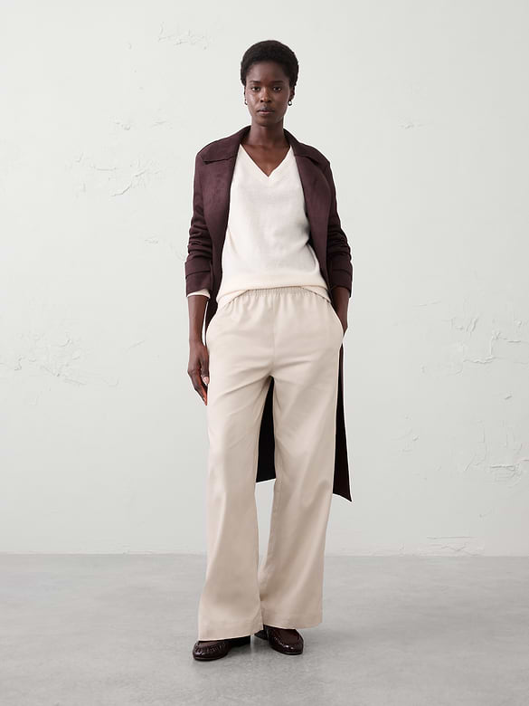 Wide-Leg High-Rise Drapey Twill Pull-On Pant