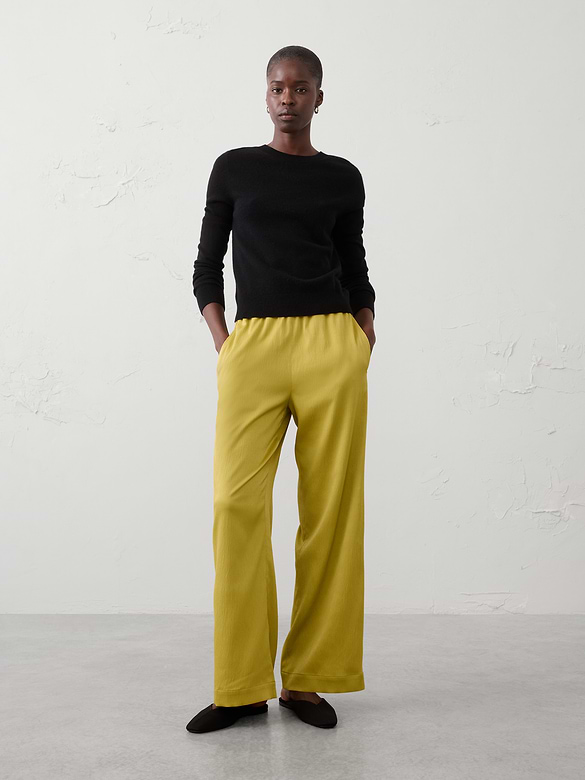 Wide-Leg High-Rise Crinkle Satin Pull-On Pant