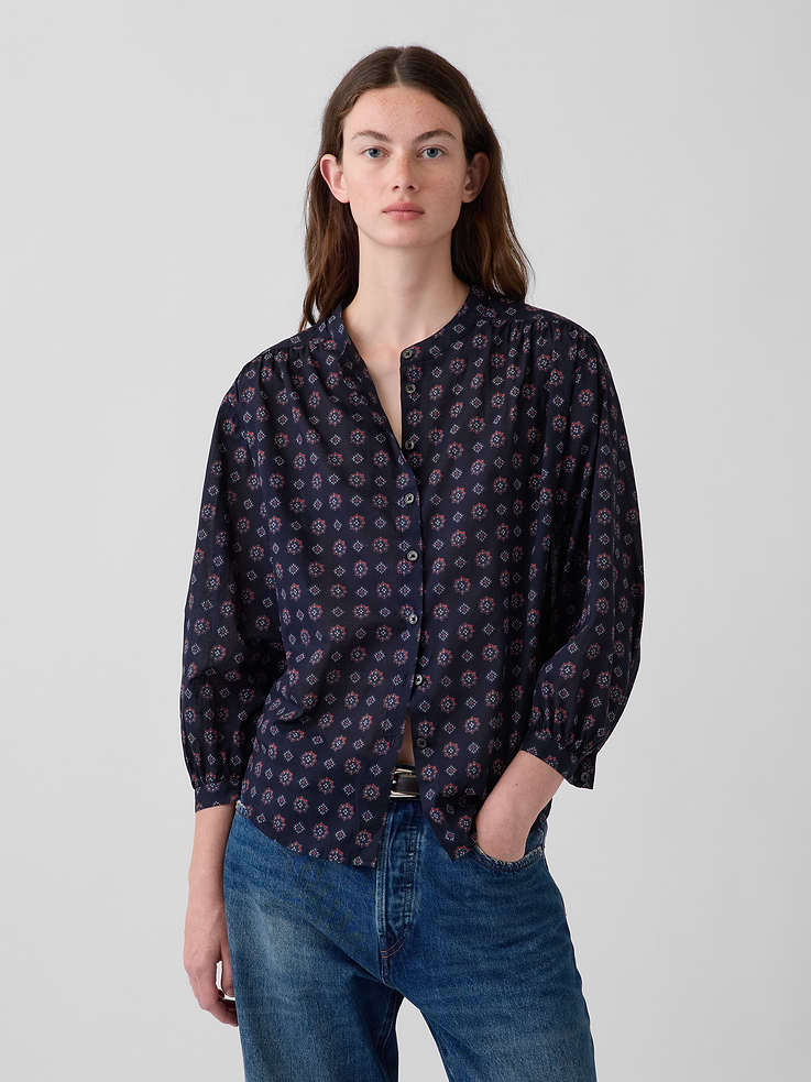 Image 1 of 5, Soft cotton button-up popover shirt. In a relaxed fit., Stand collar., 3/4 sleeves with drop shoulders and button cuffs., Button front., Shirring at shoulder and back yoke seams., Allover print., Product #913903
