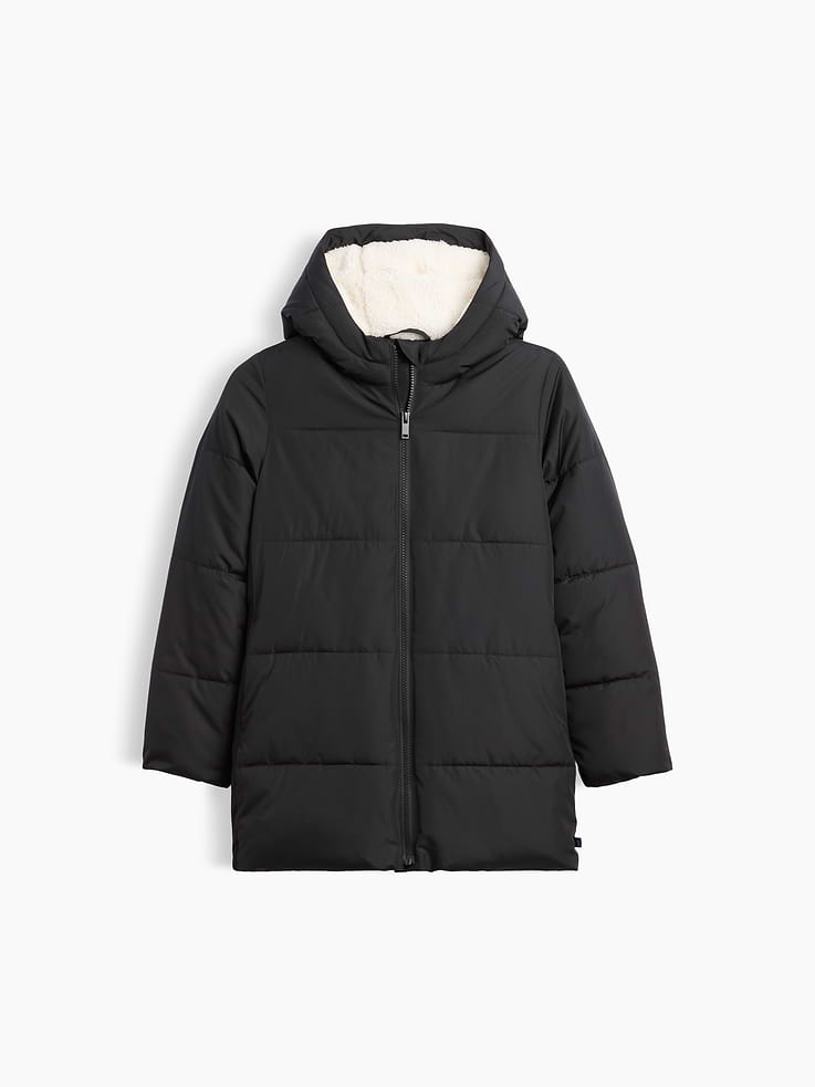 Image 1 of 3, Quilted water and wind-resistant outer., 100% recycled wellon fill., Fully lined (comfy fleece lining at body)., Long sleeves with elasticized cuffs., Cozy sherpa lining at hood, zip front., On-seam pockets., Product #1177913