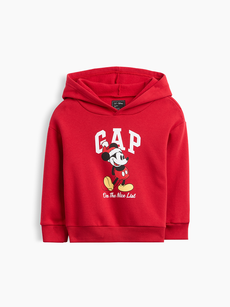 Image 1 of 2, A very special collaboration between Gap and Disney— two timeless, iconic American brands— led us to create a collection that celebrates Mickey Mouse and Minnie Mouse., This product is made with/contains 23% recycled polyester. Compared to virgin materials, using recycled materials helps reduce resource use and waste., Soft, comfy fleece., Dropped shoulder, long sleeves with banded cuffs., Hood., Gap logo with graphic at front., Banded hem., Product #1179517