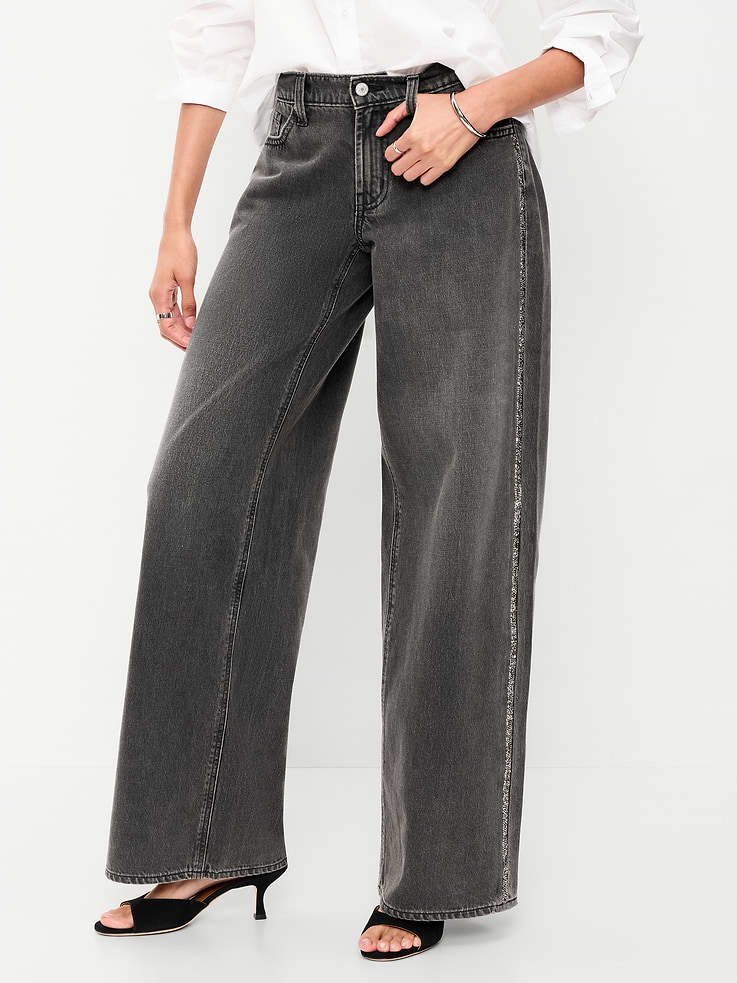 Image 2 of 9, Low-Rise Baggy Wide-Leg Embellished Jeans