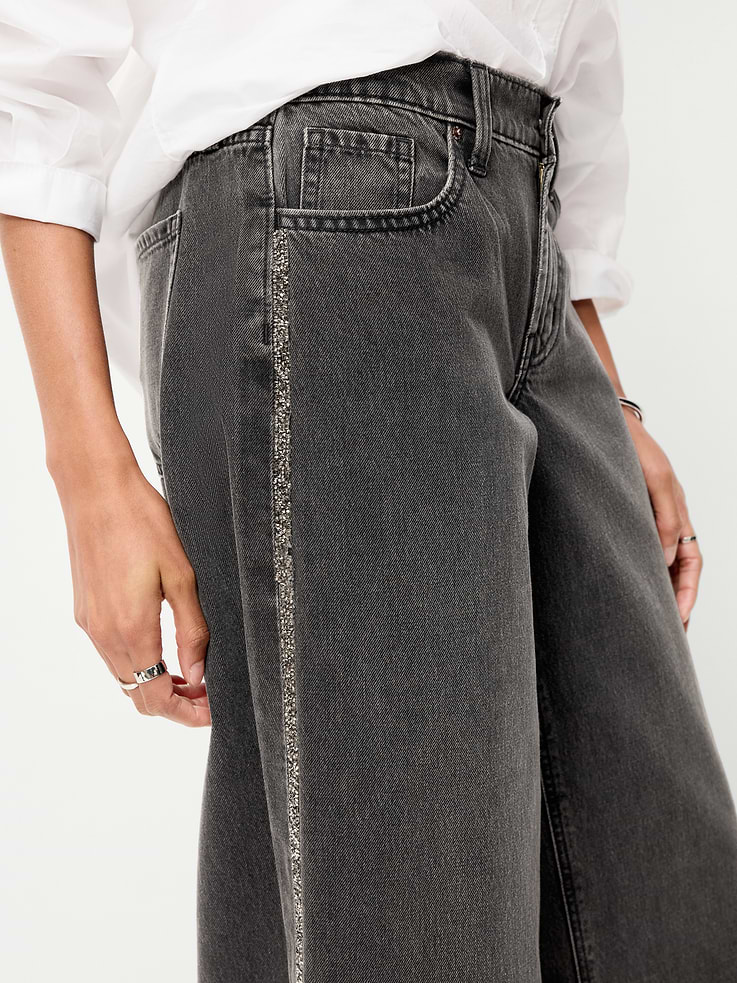 Image 6 of 9, Low-Rise Baggy Wide-Leg Embellished Jeans