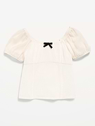 Image 1 of 3, square neckline, short puff sleeves, decorative bow at neckline, seamed waist, Product #1183718