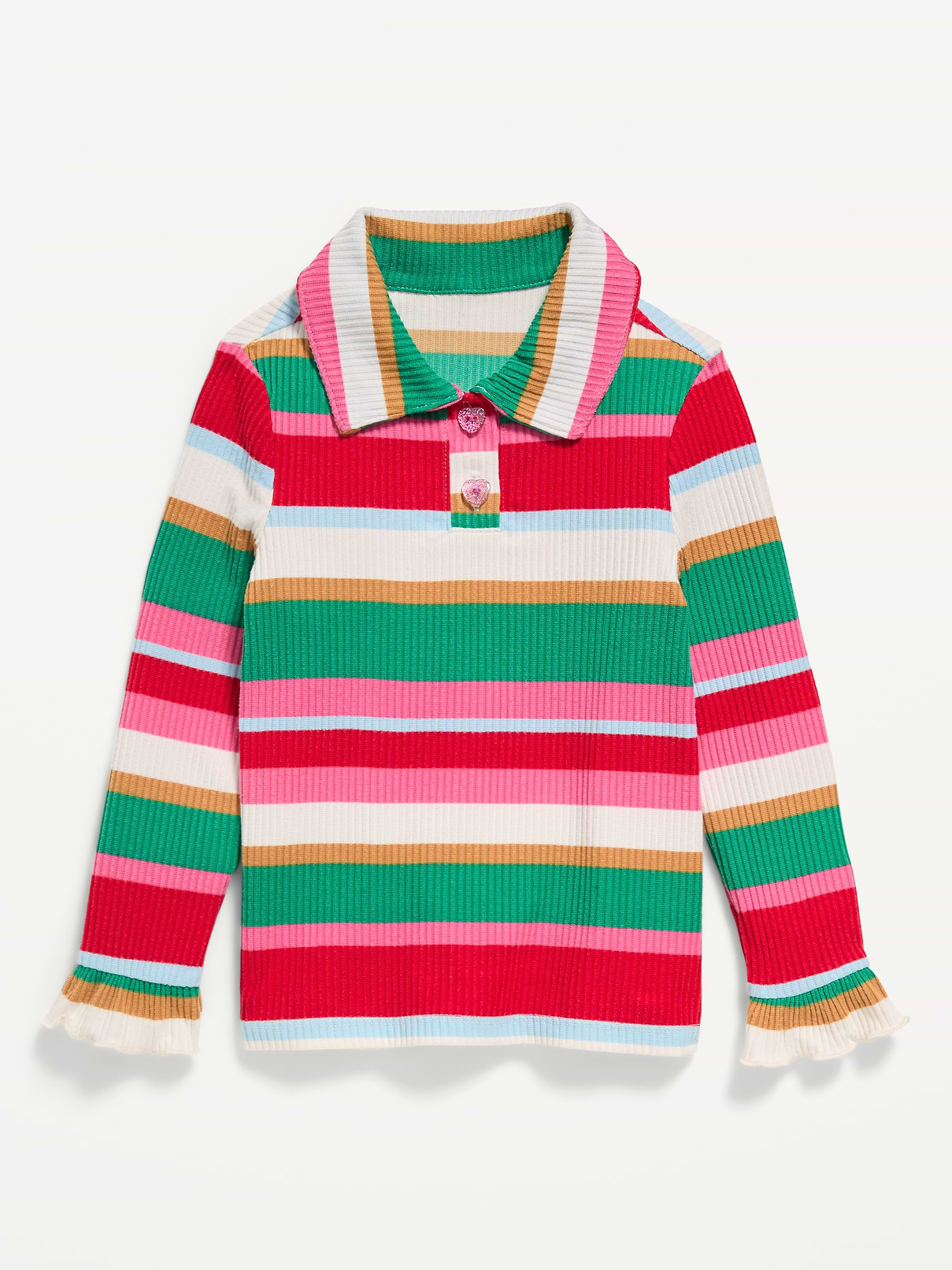 Image 2 of 3, Long-Sleeve Striped Ribbed Collared Top for Toddler Girls