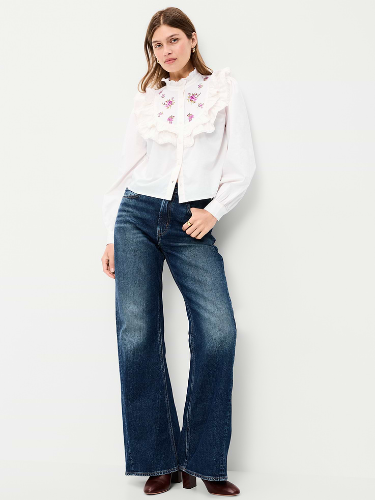 Image 3 of 6, Long-Sleeve Embroidered Ruffle-Trim Button-Front Top