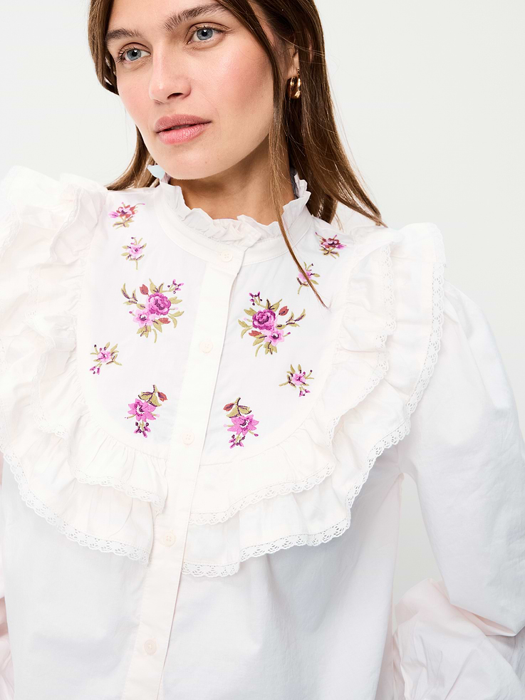 Image 4 of 6, Long-Sleeve Embroidered Ruffle-Trim Button-Front Top