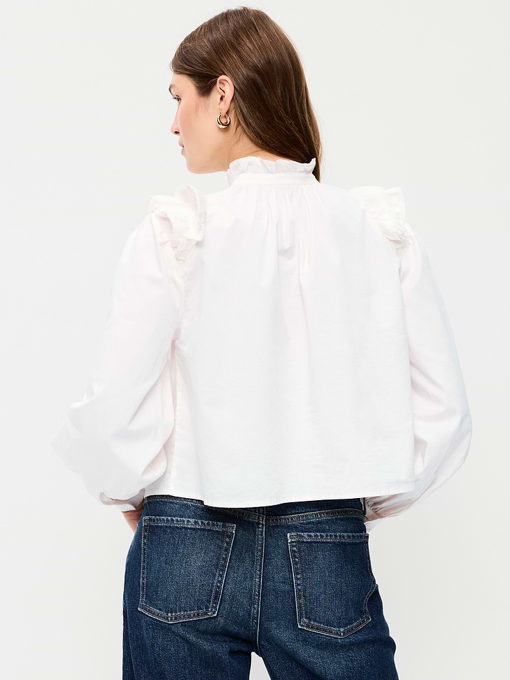 Image 2 of 6, Long-Sleeve Embroidered Ruffle-Trim Button-Front Top